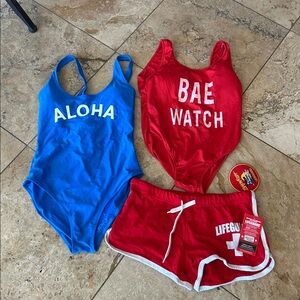 Women Bae Watch Blue and Red Graphic Swimsuits w/ Lifeguard Shorts costume.